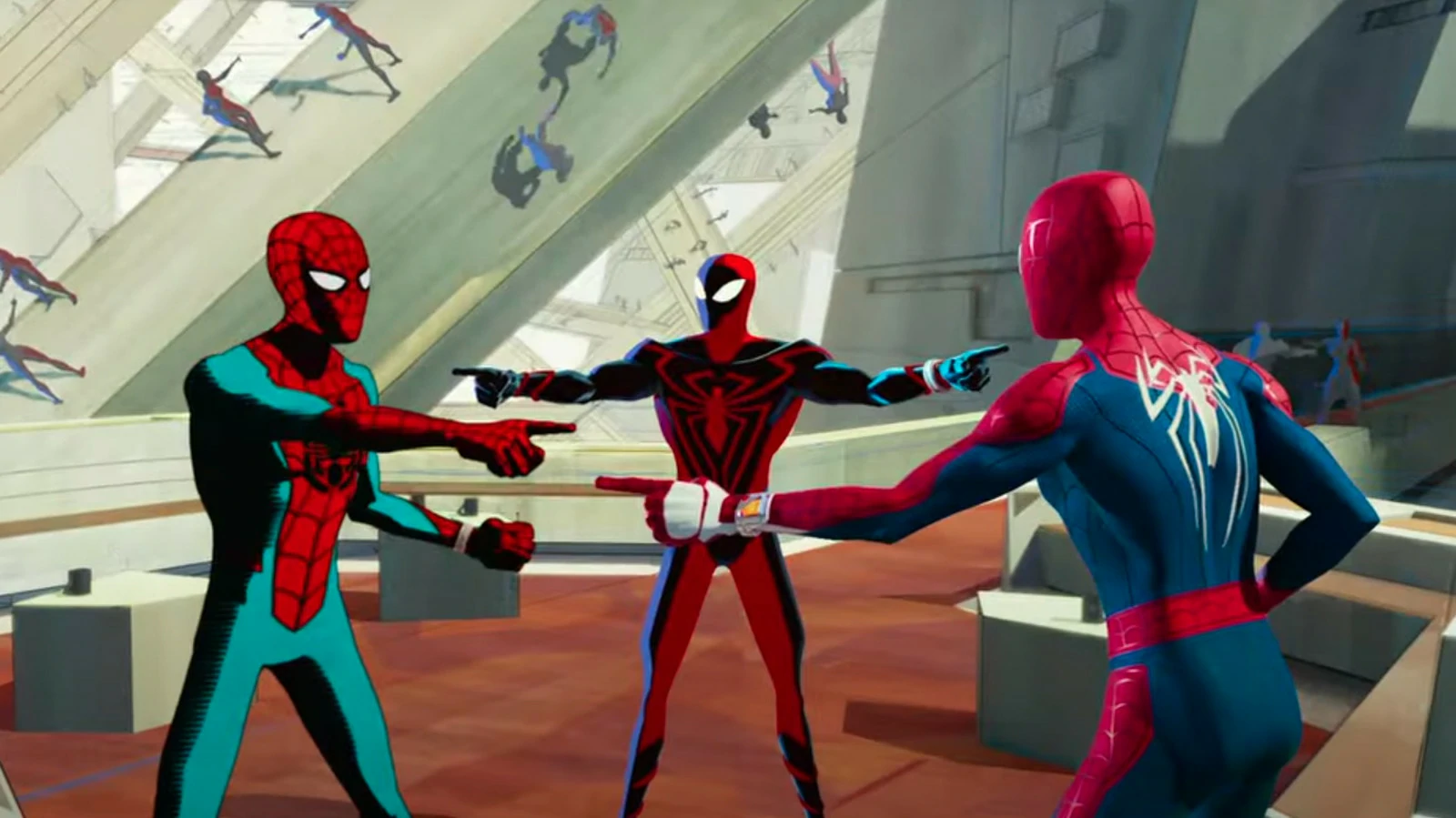 Iconic Three Spiderman pointing at each other