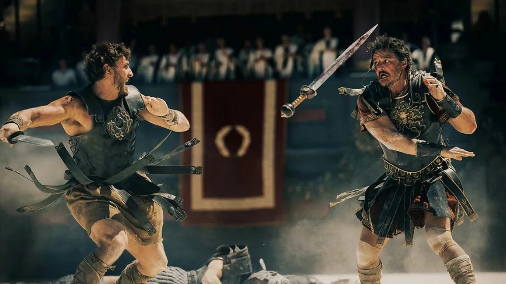 Image from Gladiator 2, Paul Mescal and Pedro Pascal in a duel